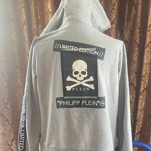 Philipp Plein Gray Hoodie with Black Skull Graphic For boys 10-13